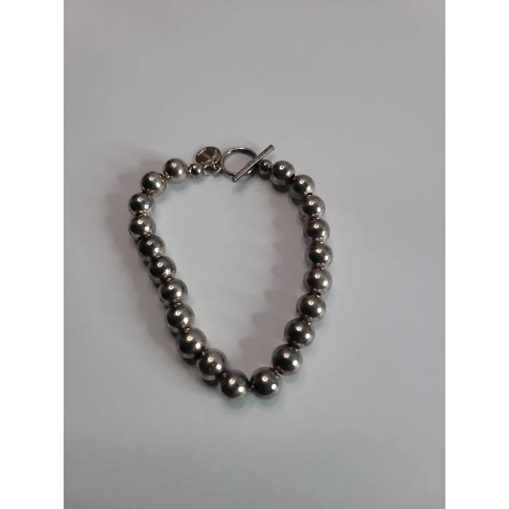 925 Sterling Silver Beaded Bracelet with Toggle Clasp and Round Charm